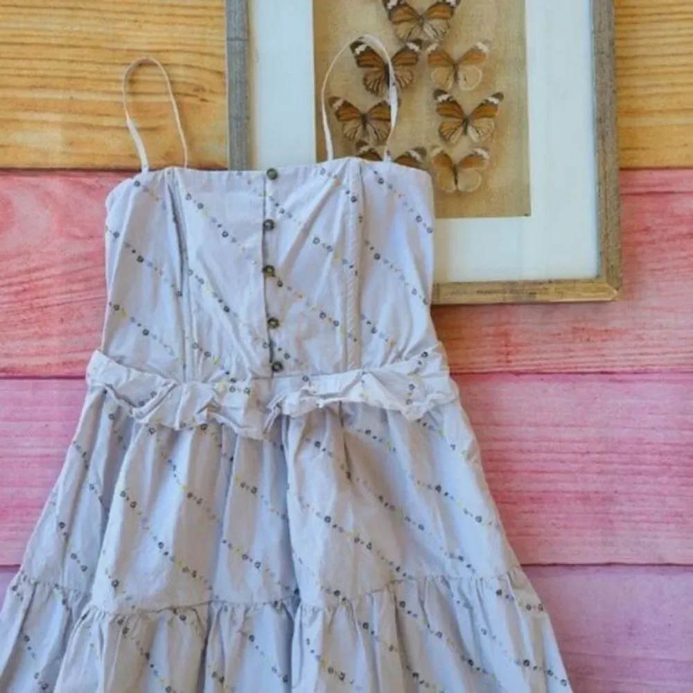 Ganni Gray Floral Print Ruffle Poplin Tiered A-line‎ Pocket Midi Sundress L